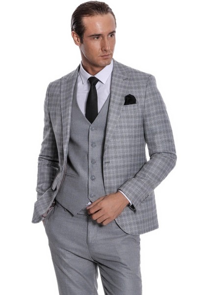 Ekose Ceketli Slim Fit Açık Gri Erkek Takım Elbise - Wessi