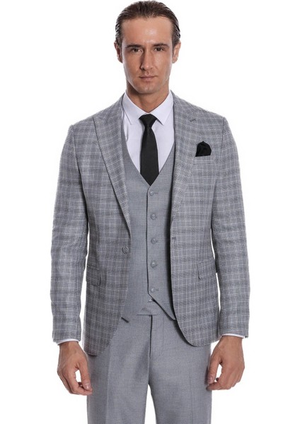 Ekose Ceketli Slim Fit Açık Gri Erkek Takım Elbise - Wessi
