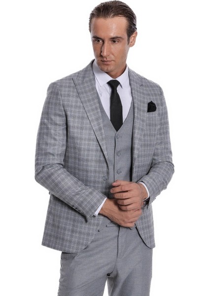 Ekose Ceketli Slim Fit Açık Gri Erkek Takım Elbise - Wessi