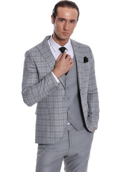 Ekose Ceketli Slim Fit Açık Gri Erkek Takım Elbise - Wessi