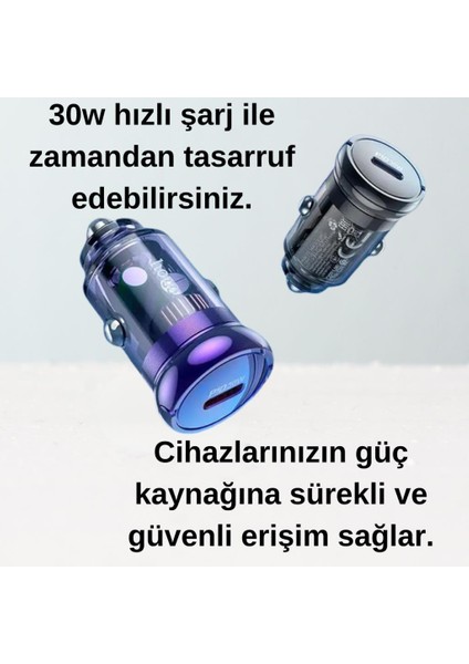 Hc 30W 1x Type-C Girişli Araç Çakmaklık Hızlı Şarj Başlığı, Akım, Voltaj, Isı Korumalı