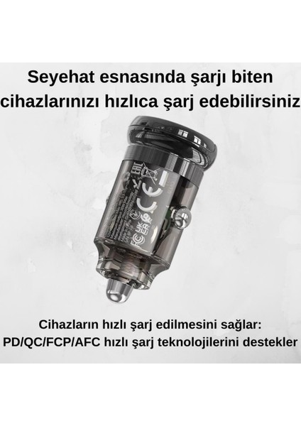 Hc 30W 1x Type-C Girişli Araç Çakmaklık Hızlı Şarj Başlığı, Akım, Voltaj, Isı Korumalı