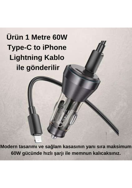 Hc 60W 2x Type-C Girişli ve 1mt Type-C To Iphone Lightning Kablolu Araç Şarjı,akım,voltaj,ısı Korumalı