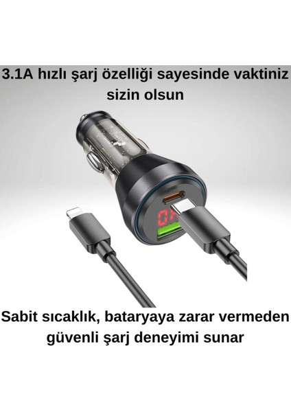 Hc 48W 1x Type-C 1x USB Girişli ve 1mt Type-C To Iphone Lightning Kablolu Araç Şarjı,akım,voltaj,ısı Korumalı