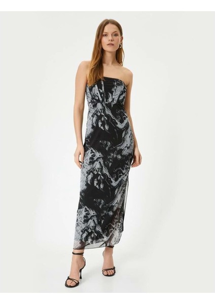 Straplez Midi Elbise Korse Detaylı - Koton - 4SAK80066EK - Beyaz Desenli - Xl