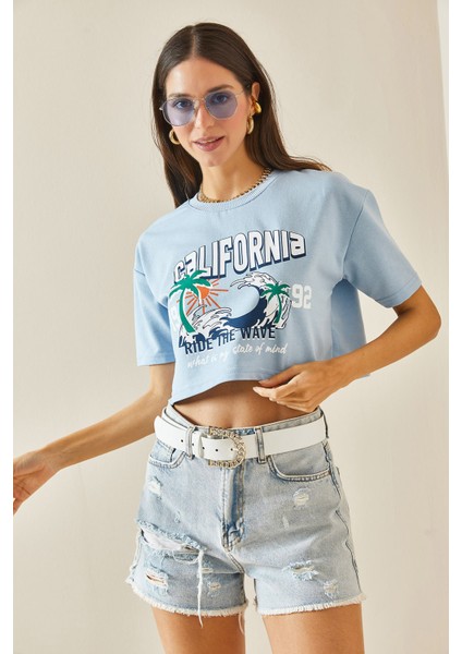 Bebe Mavisi Baskılı Bisiklet Yaka Crop T-Shirt 5YXK1-48565-55 fiyatları
