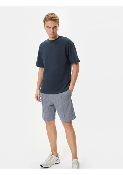 Bermuda Şort Beli Bağcıklı Nervürlü Cepli - Koton - 4SAM40026MK - Mavi - M
