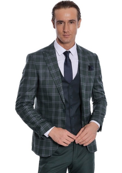 Ekose Ceketli Desenli Slim Fit Yeşil Erkek Takım Elbise - Wessi