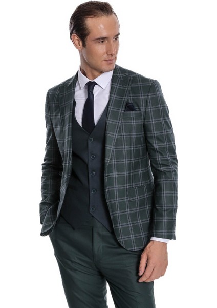 Ekose Ceketli Desenli Slim Fit Yeşil Erkek Takım Elbise - Wessi fiyatları