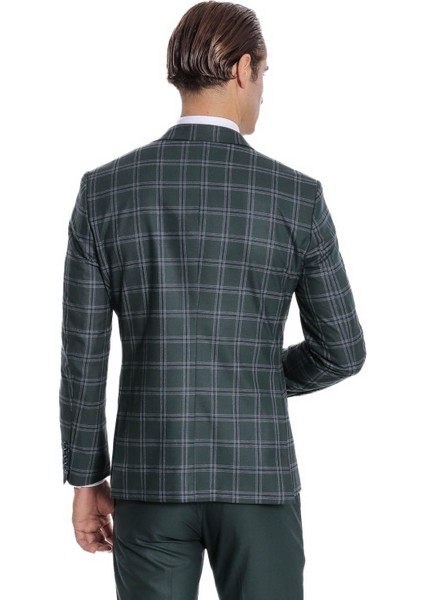 Ekose Ceketli Desenli Slim Fit Yeşil Erkek Takım Elbise - Wessi modelleri