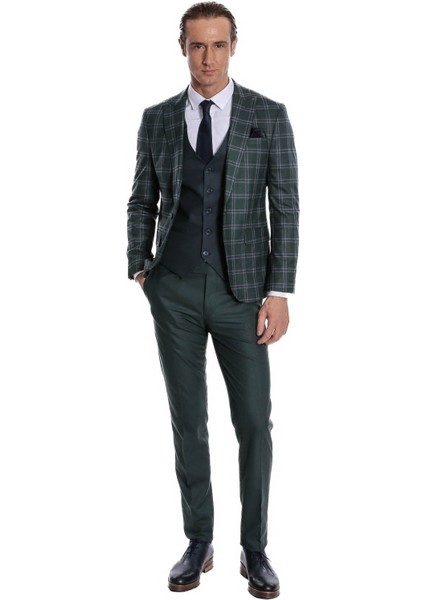 Ekose Ceketli Desenli Slim Fit Yeşil Erkek Takım Elbise - Wessi fırsatları
