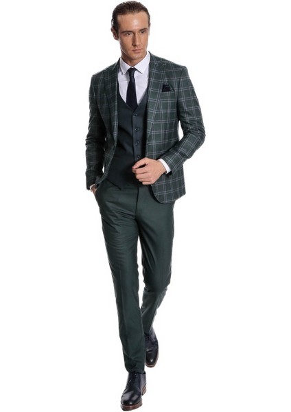 Ekose Ceketli Desenli Slim Fit Yeşil Erkek Takım Elbise - Wessi indirimleri