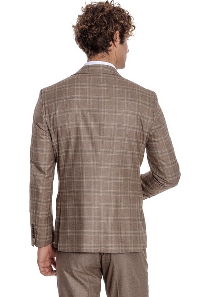 Ekose Ceketli Slim Fit Açık Kahverengi Erkek Takım Elbise - Wessi modelleri
