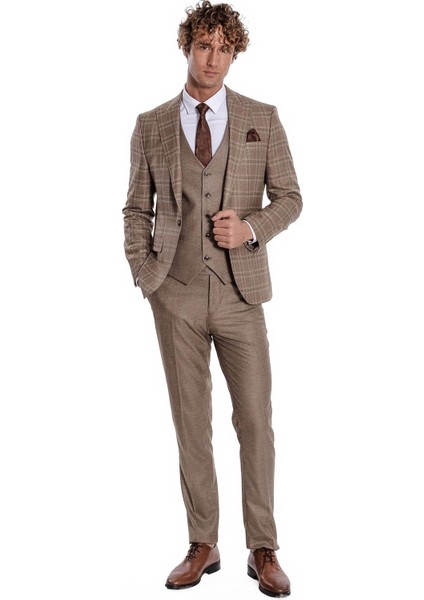 Ekose Ceketli Slim Fit Açık Kahverengi Erkek Takım Elbise - Wessi fırsatları