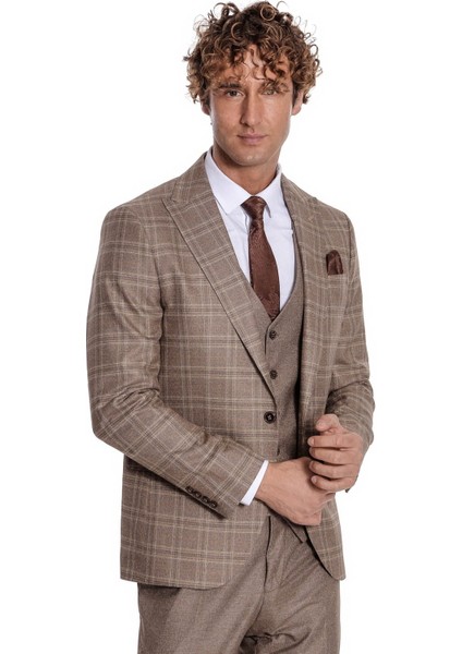 Ekose Ceketli Slim Fit Açık Kahverengi Erkek Takım Elbise - Wessi indirimleri