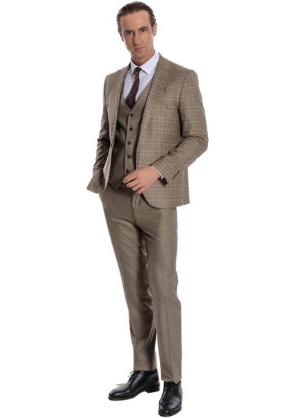 Ekose Ceketli Slim Fit Kahverengi Erkek Takım Elbise - Wessi indirimleri