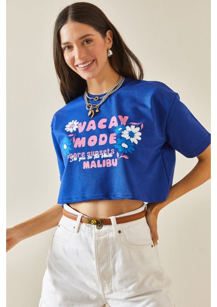 Mavi Baskılı Bisiklet Yaka Crop T-Shirt 5YXK1-48564-12 fiyatları