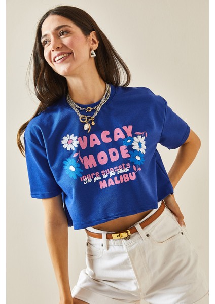 Mavi Baskılı Bisiklet Yaka Crop T-Shirt 5YXK1-48564-12 fırsatları