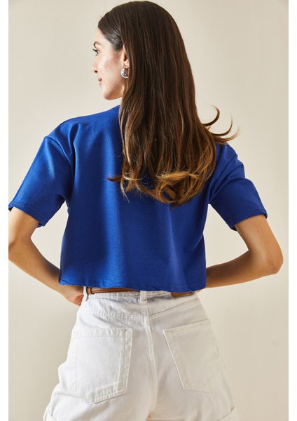 Mavi Baskılı Bisiklet Yaka Crop T-Shirt 5YXK1-48564-12 indirimleri