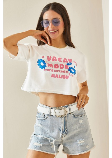 Beyaz Baskılı Bisiklet Yaka Crop T-Shirt 5YXK1-48564-01