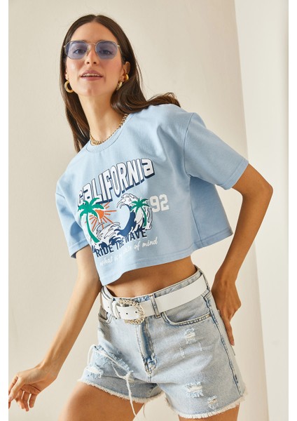 Bebe Mavisi Baskılı Bisiklet Yaka Crop T-Shirt 5YXK1-48565-55