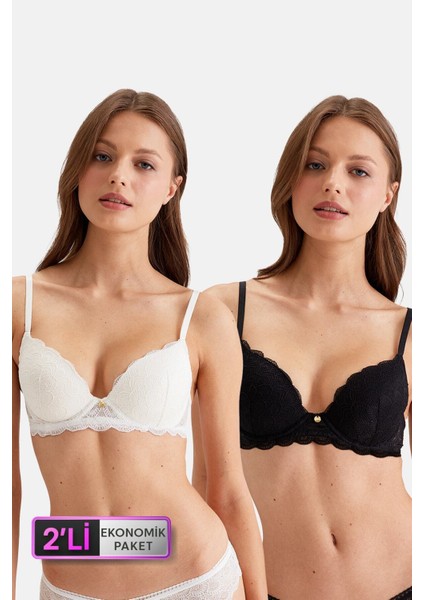 2'li Ekonomik Paket Siyah-Ekru 4731001-2 Rome Balenli Soft Push Up Dantelli Sütyen Set
