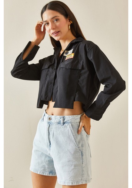 Siyah Etiket Detaylı Çift Cepli Gömlek 5YXK2-48576-02