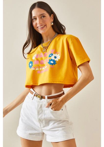 Hardal Baskılı Bisiklet Yaka Crop T-Shirt 5YXK1-48564-37