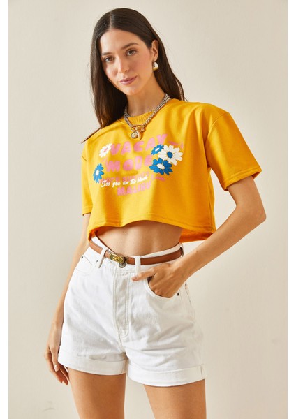 Hardal Baskılı Bisiklet Yaka Crop T-Shirt 5YXK1-48564-37