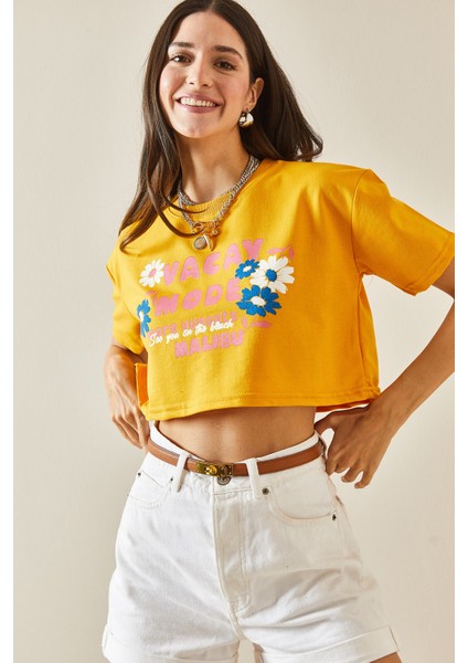 Hardal Baskılı Bisiklet Yaka Crop T-Shirt 5YXK1-48564-37