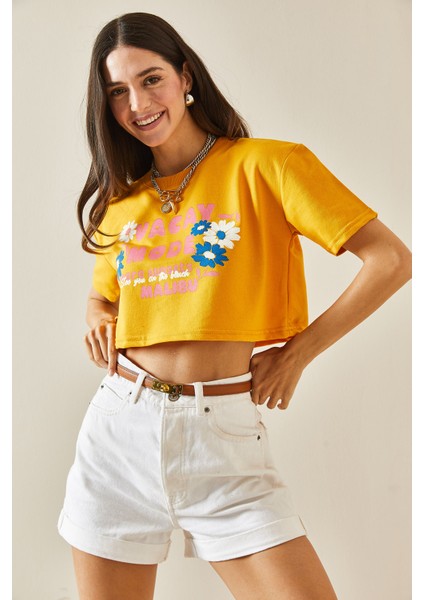 Hardal Baskılı Bisiklet Yaka Crop T-Shirt 5YXK1-48564-37