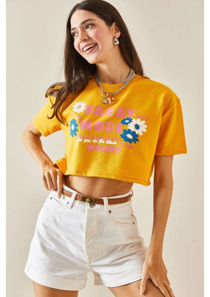 Hardal Baskılı Bisiklet Yaka Crop T-Shirt 5YXK1-48564-37