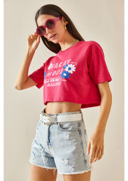 Fuşya Baskılı Bisiklet Yaka Crop T-Shirt 5YXK1-48564-07