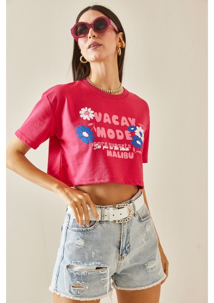 Fuşya Baskılı Bisiklet Yaka Crop T-Shirt 5YXK1-48564-07