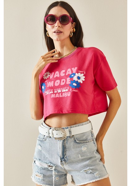 Fuşya Baskılı Bisiklet Yaka Crop T-Shirt 5YXK1-48564-07