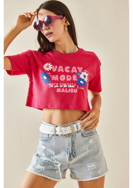 Fuşya Baskılı Bisiklet Yaka Crop T-Shirt 5YXK1-48564-07