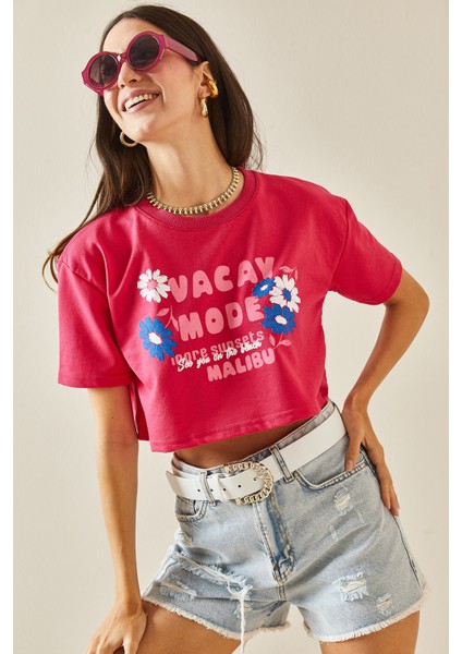 Fuşya Baskılı Bisiklet Yaka Crop T-Shirt 5YXK1-48564-07
