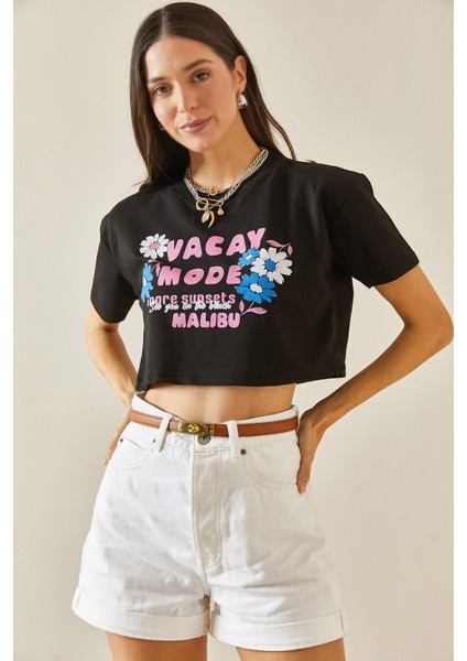Siyah Baskılı Bisiklet Yaka Crop T-Shirt 5YXK1-48564-02