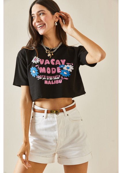 Siyah Baskılı Bisiklet Yaka Crop T-Shirt 5YXK1-48564-02
