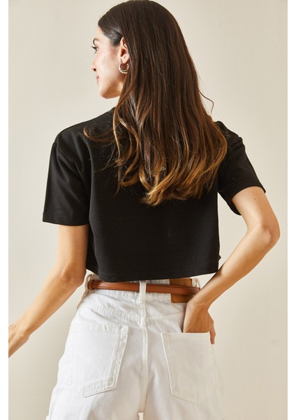 Siyah Baskılı Bisiklet Yaka Crop T-Shirt 5YXK1-48564-02