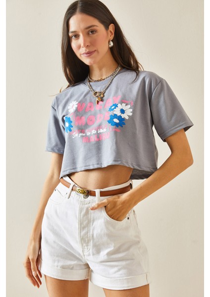 Füme Baskılı Bisiklet Yaka Crop T-Shirt 5YXK1-48564-33 fiyatları