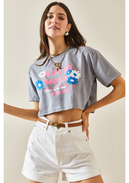 Füme Baskılı Bisiklet Yaka Crop T-Shirt 5YXK1-48564-33 modelleri