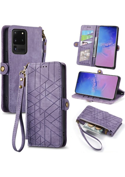 Samsung Galaxy S20 Ultraile Uyumlu Cüzdan Kılıf Geometrik Kabartmalı Pu Deri Kickstand Kart Yuvaları Flip Folyo Kapak (Yurt Dışından)
