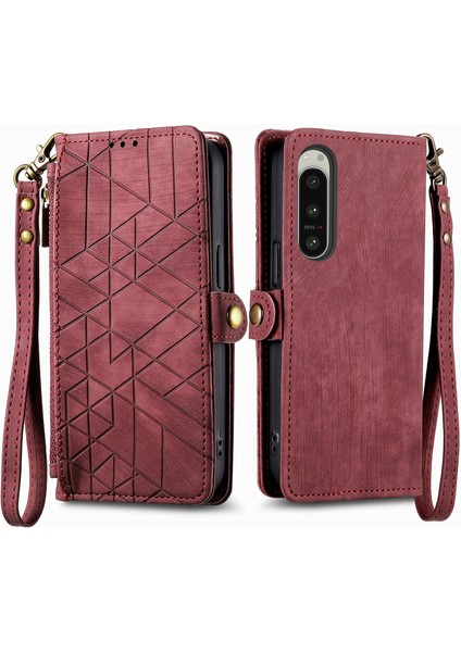 Sony Xperia 5 Ivile Uyumlu Cüzdan Kılıf Geometrik Kabartmalı Pu Deri Kickstand Kart Yuvaları Flip Folyo Kapak (Yurt Dışından)