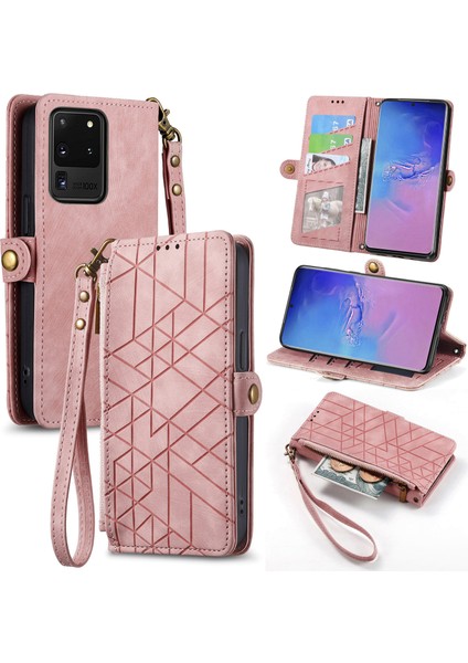 Samsung Galaxy S20 Ultraile Uyumlu Cüzdan Kılıf Geometrik Kabartmalı Pu Deri Kickstand Kart Yuvaları Flip Folyo Kapak (Yurt Dışından)