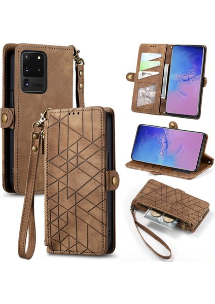 Samsung Galaxy S20 Ultraile Uyumlu Cüzdan Kılıf Geometrik Kabartmalı Pu Deri Kickstand Kart Yuvaları Flip Folyo Kapak (Yurt Dışından)