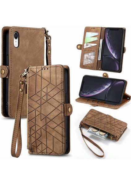 iPhone Xrile Uyumlu Cüzdan Kılıf Geometrik Kabartmalı Pu Deri Kickstand Kart Yuvaları Flip Folyo Kapak (Yurt Dışından)