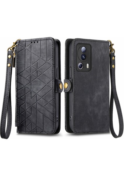 Xiaomi 13 Liteile Uyumlu Cüzdan Kılıf Geometrik Kabartmalı Pu Deri Kickstand Kart Yuvaları Flip Folyo Kapak (Yurt Dışından)