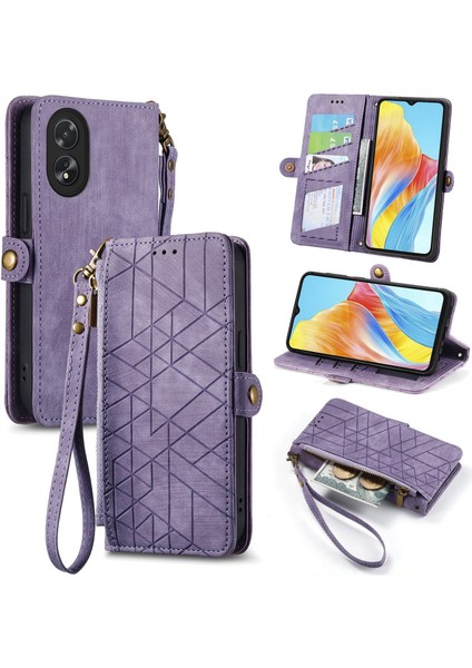 Oppo A38 4G/A18 4gile Uyumlu Cüzdan Kılıf Geometrik Kabartmalı Pu Deri Kickstand Kart Yuvaları Flip Folyo Kapak (Yurt Dışından)