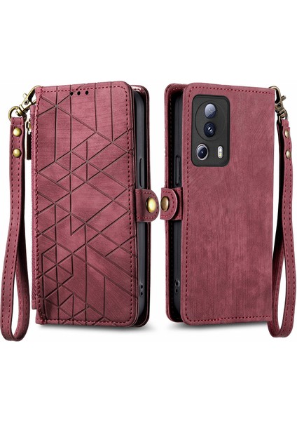 Xiaomi 13 Liteile Uyumlu Cüzdan Kılıf Geometrik Kabartmalı Pu Deri Kickstand Kart Yuvaları Flip Folyo Kapak (Yurt Dışından)